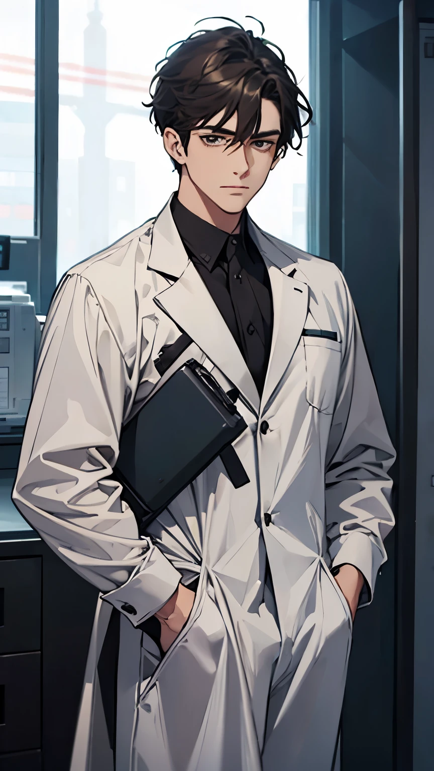 A man in a surgical suit with sleeves rolled up, one hand near his face, the other on his hip 