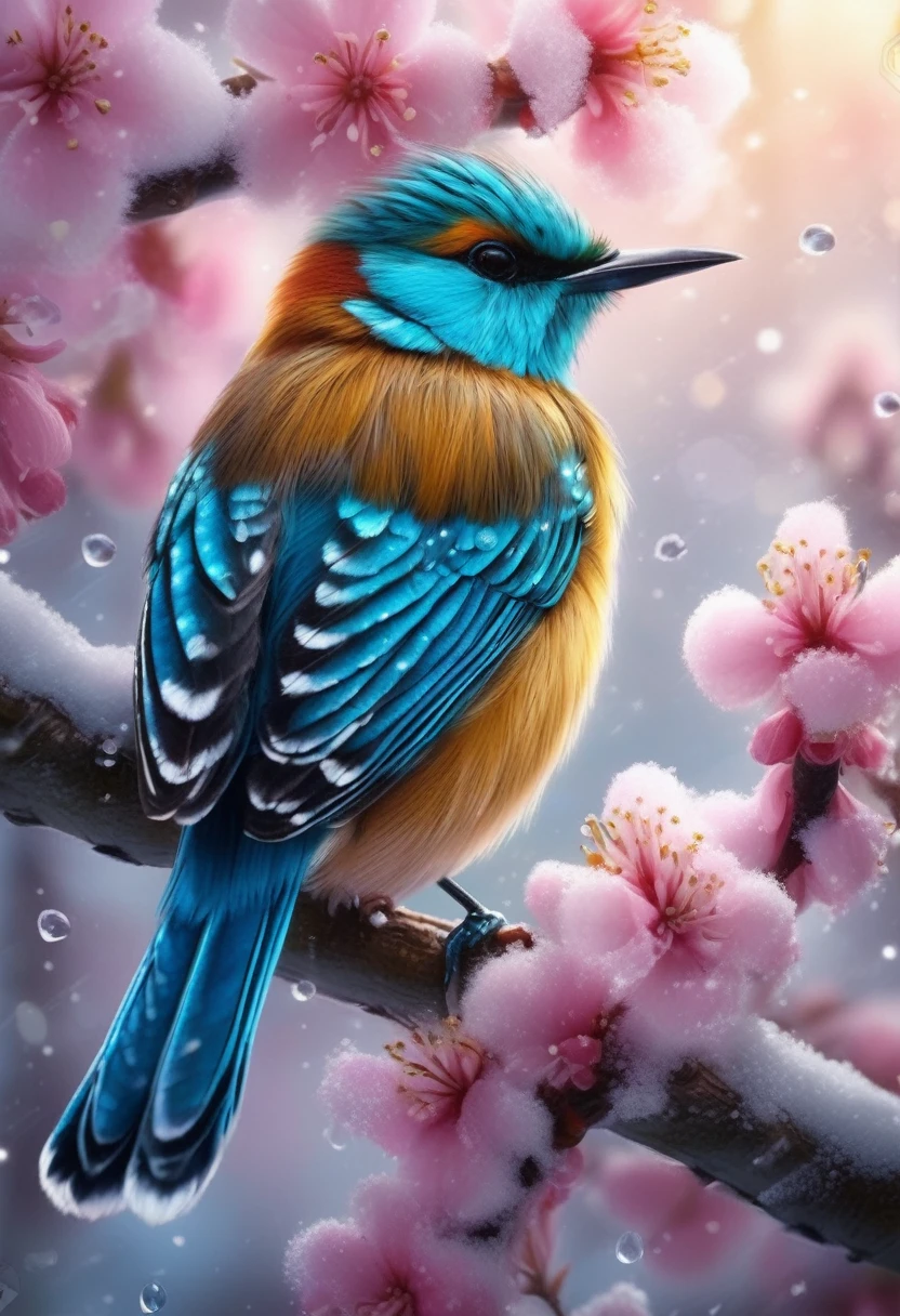 A beautiful hyper-fluffy hyperrealistic bird on a branch with pink flowers and snow. Small water drops, shining. Sunrise. Pastel colors. Intricately detailed, masterpiece, beautiful. Photorealistic, raw image
