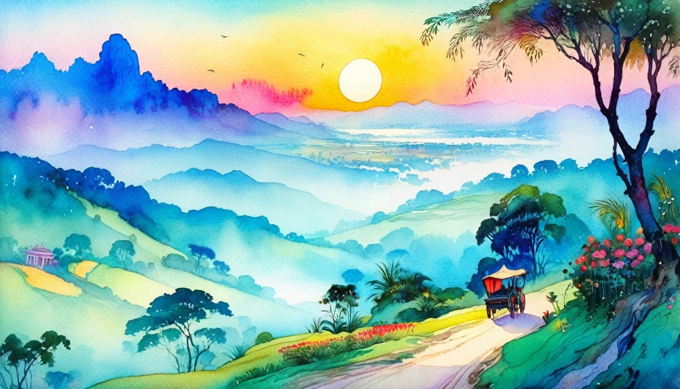 Folk-Tales of Bengal landscape (style by Warwick-Goble), very colorful, ((juice watercolor painting)), ((masterpiece)), extreme detail, perspective, 8k