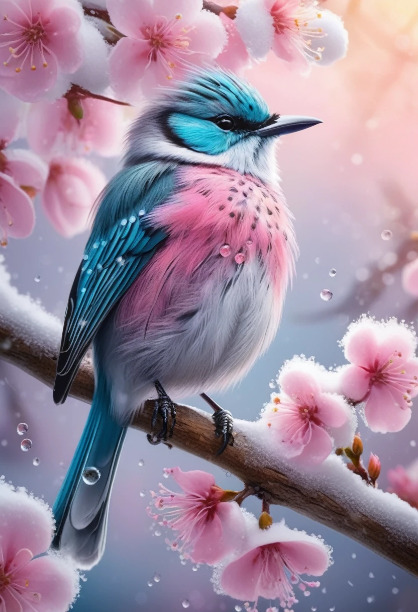 A beautiful hyper-fluffy hyperrealistic bird on a branch with pink flowers and snow. Small water drops, shining. Sunrise. Pastel colors. Intricately detailed, masterpiece, beautiful. Photorealistic, raw image