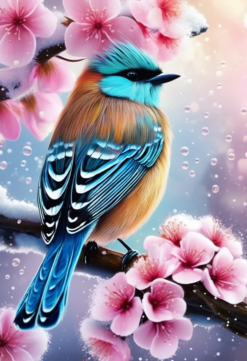 A beautiful hyper-fluffy hyperrealistic bird on a branch with pink flowers and snow. Small water drops, shining. Sunrise. Pastel colors. Intricately detailed, masterpiece, beautiful. Photorealistic, raw image