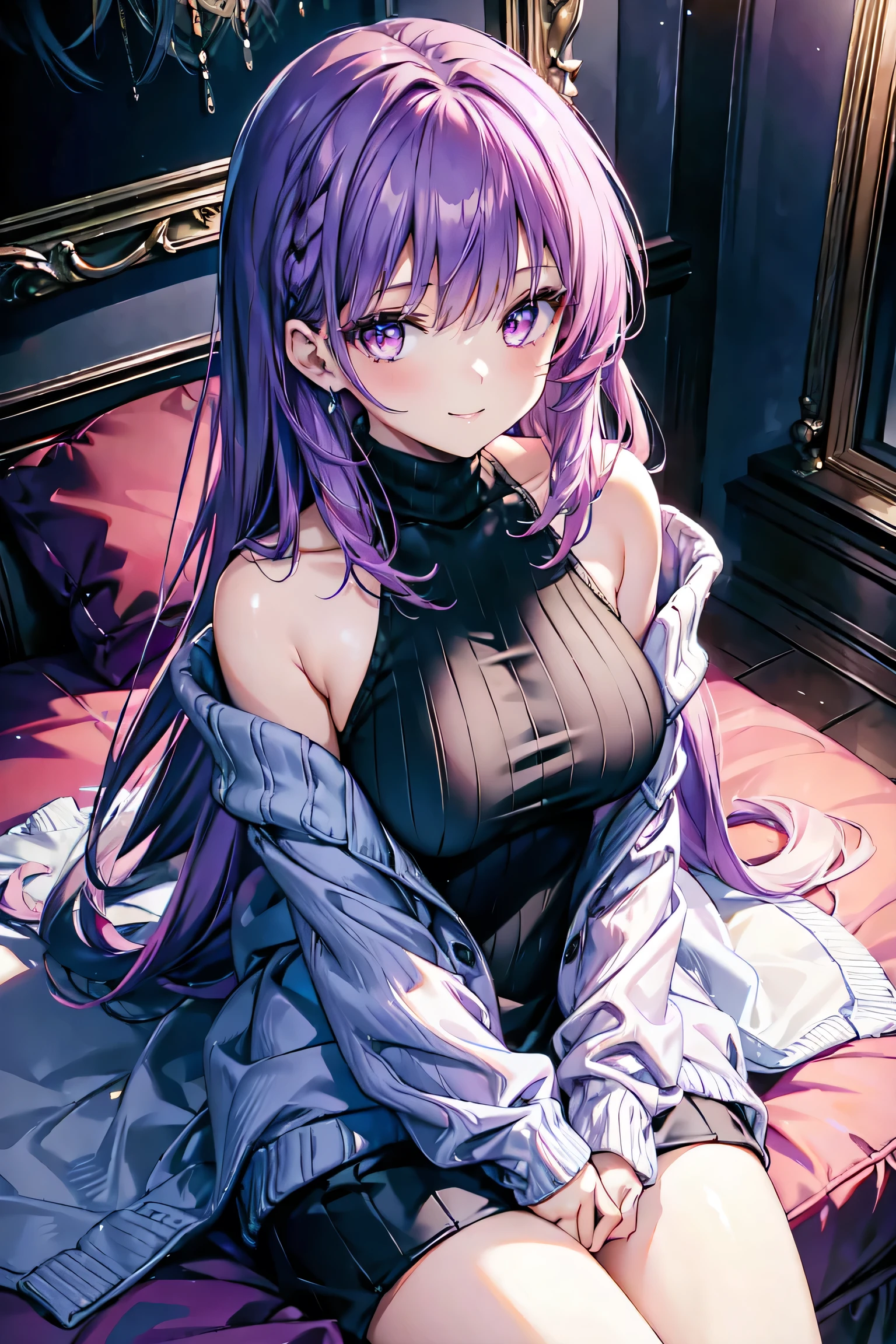 Enchanting elegance, Atmospheric Depth, Great technology, (One Girl, Young Beauty), Sitting, smile, Show Viewer, From above, Sharp focus, Extra Large_sweater, shoulder,Purple Hair,Pink Eyes