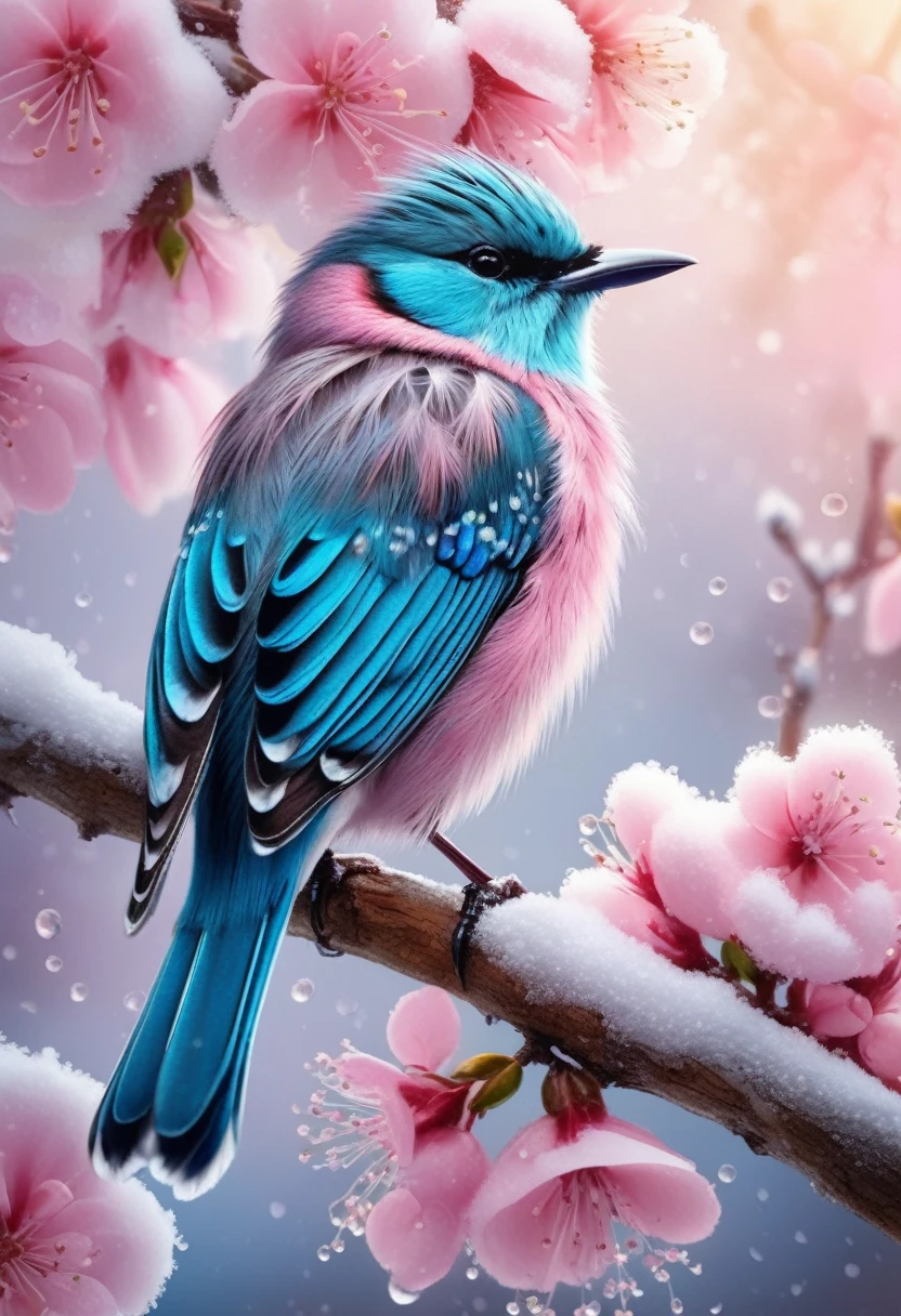 A beautiful hyper-fluffy hyperrealistic bird on a branch with pink flowers and snow. Small water drops, shining. Sunrise. Pastel colors. Intricately detailed, masterpiece, beautiful. Photorealistic, raw image