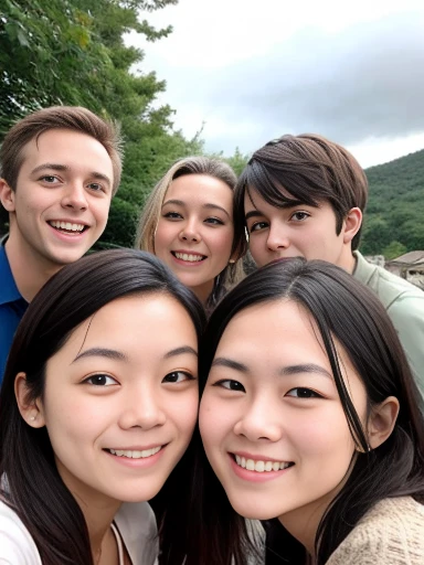 group of cute english friends gathered, photo on characters' faces