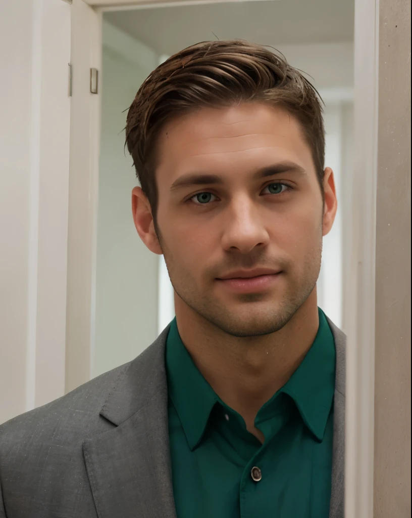 realistic, masterpiece, ((full body picture of handsome 35 year old desirable caucasian man with distinguished features coming in through an open door)), ((well dressed, light brown medium length hair, cropped sides, clean shaved face, intriguing green eyes)), athletic build, tall height, seductive smile with a gentle expression, detailed depiction of facial features, perfectly symmetrical face, bright indoor lighting masterfully accentuates his excellent features