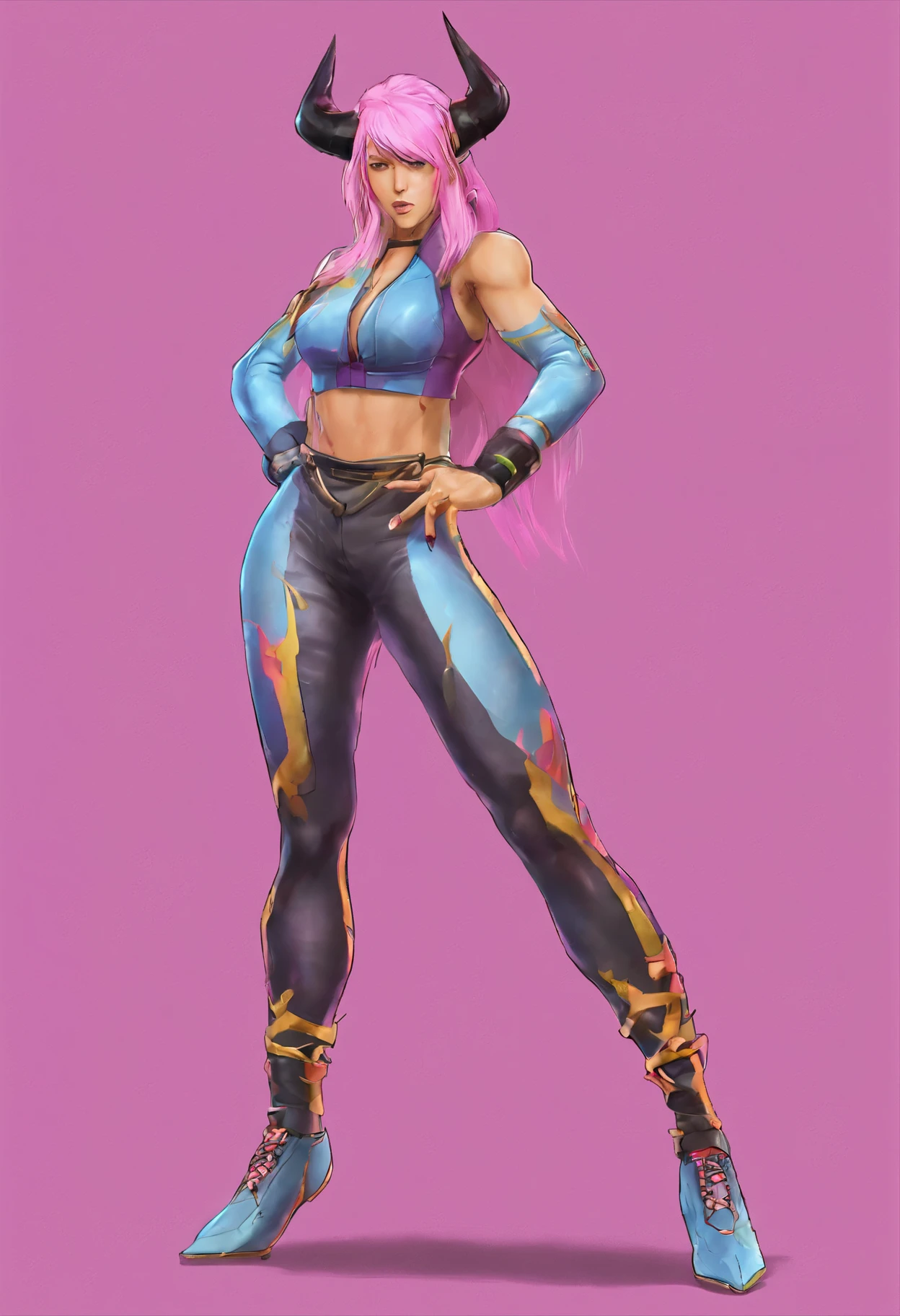 create a full body 3D rendering. Serah , a tall woman she has three black horns with shiny tips, ela tem um cabeleireiro dourado