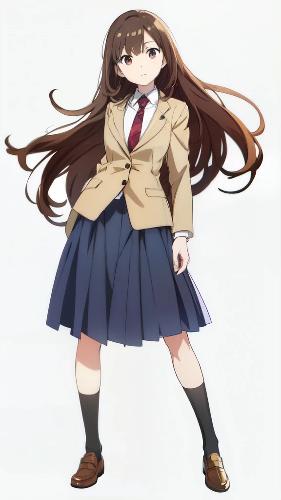 (white background:1.0), (best quality:1.0), (masterpiece:1.0), (super fine illustration:1.0), (beautiful artwork:1.0), (anime screencap:1.0), (official art:1.0), (full body:1.0), (solo:1.0), (HSGα:1.0), (a 16yo cute girl:1.0), (long skirt:1.1), (dark blue skirt:1.0), (pleated skirt:1.0), (school uniform beige blazer:1.0), (red necktie:1.0), (loafers:1.0), (black socks:1.0), (ideal ratio body proportions:1.2), (lanky:1.1), (tall:1.2), (slender:1.2), (small breasts:1.2), (smaller face:1.2), (tareme:1.0), (detailed beautiful eyes:1.0), (detailed beautiful face:1.0), (glowing black eyes:1.0), (long hair:1.0), (brown hair:1.0), (standing:1.0), (looking at viewer:1.0)