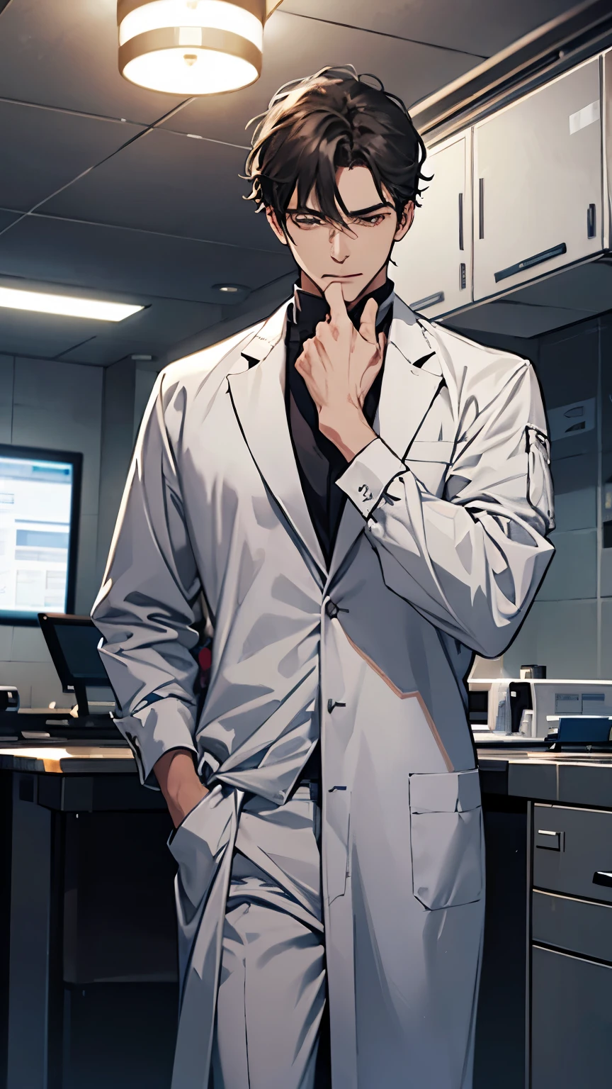 A man in a surgical suit with sleeves rolled up, one hand near his face, the other on his hip