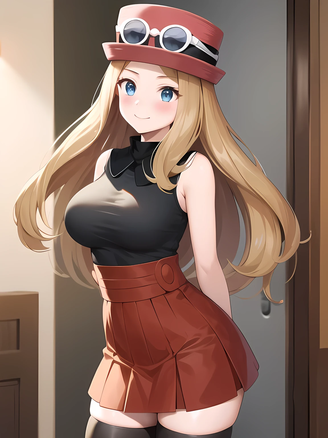masterpiece, best quality, highres, aaserena, solo, long hair, eyewear on headwear, pink headwear, eyelashes, blue eyes, sleeveless shirt, black shirt, high-waist skirt, red skirt, black thighhighs, standing, cowboy shot, smile, standing at open doorway to a bedroom, large breasts, very long hair, blushing, arms behind back, side on view