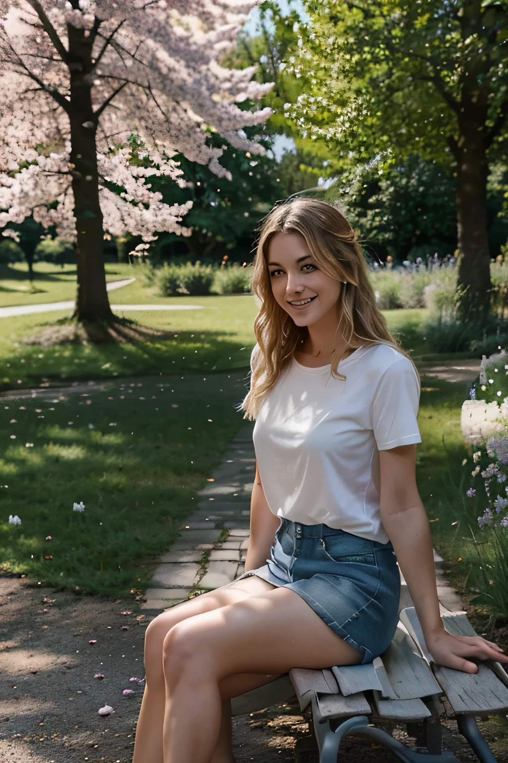 Blonde influencer with slightly wavy hair, portant un jean décontracté et un t-shirt blanc ajusté, assise sur un banc en bois dans un parc fleuri. Elle tient un livre ouvert sur ses genoux, les pages légèrement soulevées par la brise, and she smiles warmly at the camera. His face radiates serenity and contentment, capturing a moment of tranquility surrounded by nature.
Around her, flowering trees display vibrant blooms of pink cherry trees and white magnolias, creating an idyllic setting. Colorful lavender bushes, d’hortensias et de roses ajoutent des touches vives de pourpre, de bleu et de rouge au paysage. The ground is strewn with fallen petals, formant un tapis naturel sous ses pieds.
Background, a winding gravel path winds through the park, inviting for a walk. Des oiseaux chantent joyeusement, and a gentle buzz of bees collecting flowers fills the air, ajoutant à l’ambiance paisible. Un étang tranquille avec des nénuphars et des canards nageant doucement peut être vu au loin, reflecting the blue sky dotted with a few white clouds.
Similar benches are scattered throughout the park, certains occupés par des couples ou des lecteurs solitaires, chacun profitant de la beauté de la nature. Sunlight filters through the leaves, casting dense shadows and creating a light mosaic on the ground. L’atmosphère est calme et détendue, offrant une parfaite évasion du tumulte quotidien.