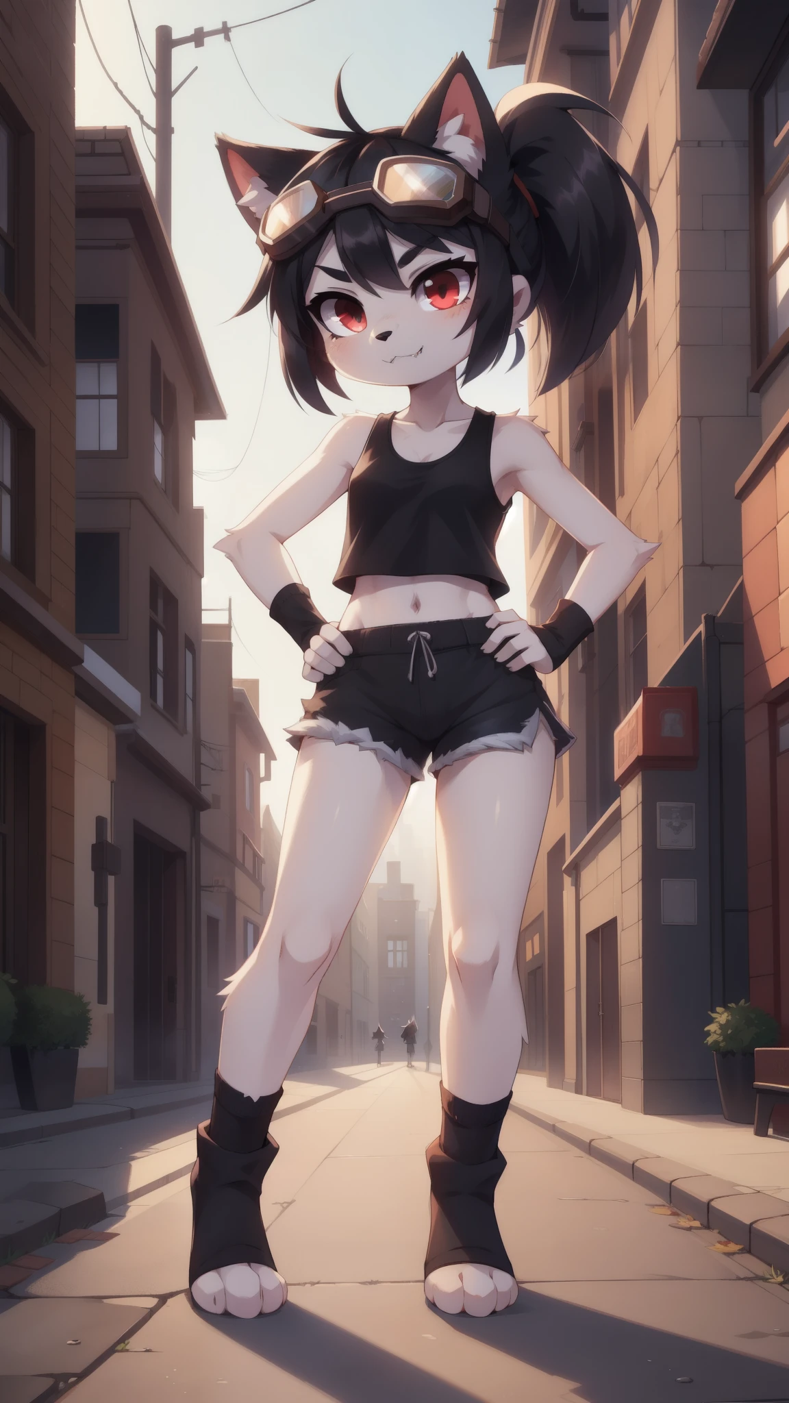 furry girl, cat, black hair, short spiky hairstyle, hair bang cover her eye, black eyeshadows, short spiky ponytail, anime style, small breasts, red eyes, Big eyebrows, ((goggles, black tank top, midriff, shorts, black pedal socks)), high quality, detailed body, detailed eyes, detailed face, masterpiece, glistening body, detailed body fur, best quality, white body fur, skinny, gothic, spectacular effects, detailed hands, perfect lighting, perfect shadows, perfect eyes, perfect hair, perfect face, gorgeous body, detailed hands, glistering body, shiny body, skinny, spectacular effect, fangs, solo, :3, hands on hips, street, clear sky, full body, feets with three toes, 3 toes, 