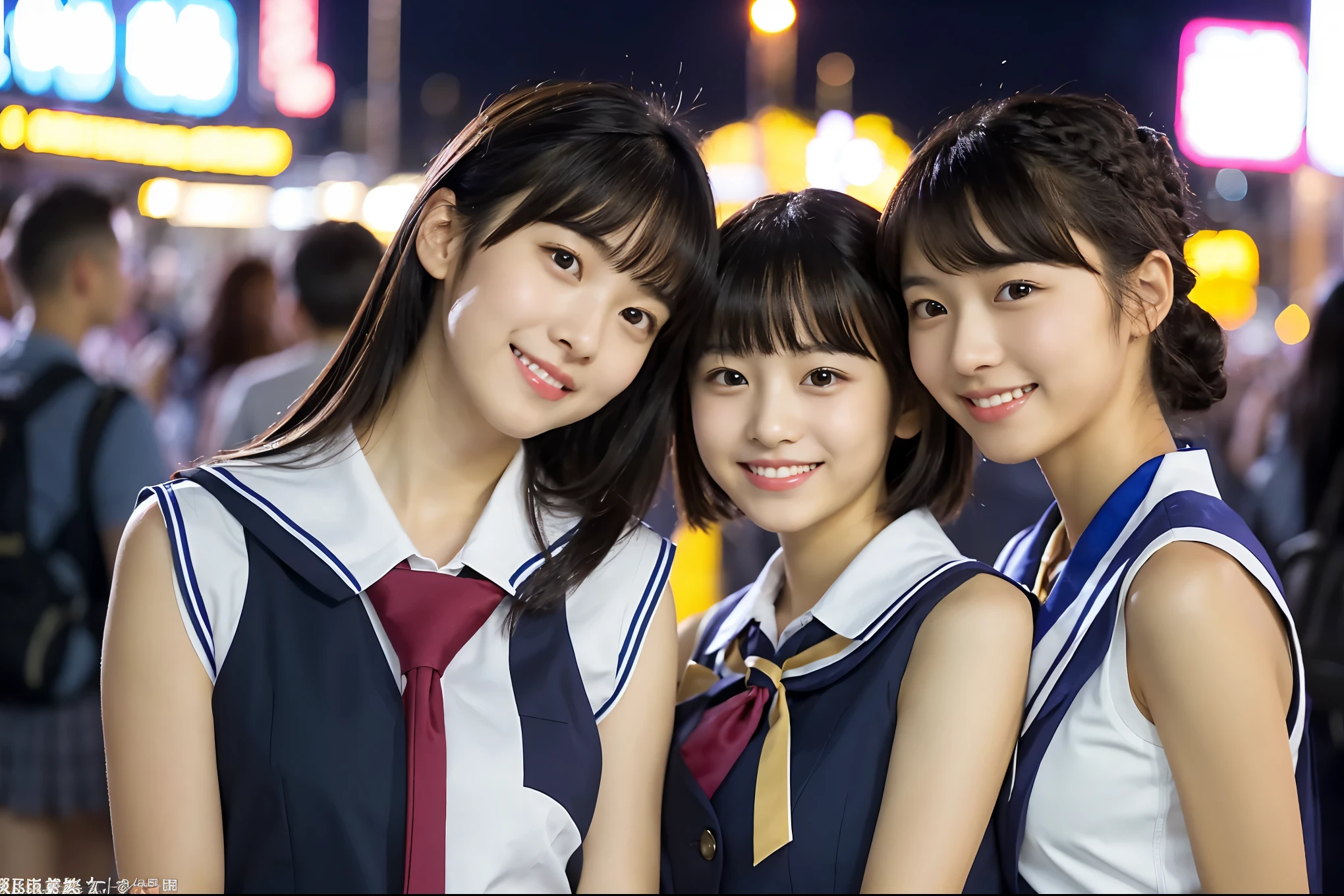 Sleeveless Uniform Very detailed Amazingly high quality Very high quality smile photograph Three Japanese Girls Each girl has a different hairstyle randomly Fair skin 16 years old ((Half-open lips:1.3)) Beautiful and soft skin ((Beautifully styled straight short hair)) Beautiful and perfect body Surprisingly very cute Beautiful young man with clear skin々New Skins 16 years old (A high school girl wearing a thin camisole:1.3 ) Big Breasts whole body Everyday City Bustling city ((night)) audience'perspective Front view (Big Breasts:1.3) (Cleavage) (Amazingly cute girl:1.3) (whole bodyポートレート)