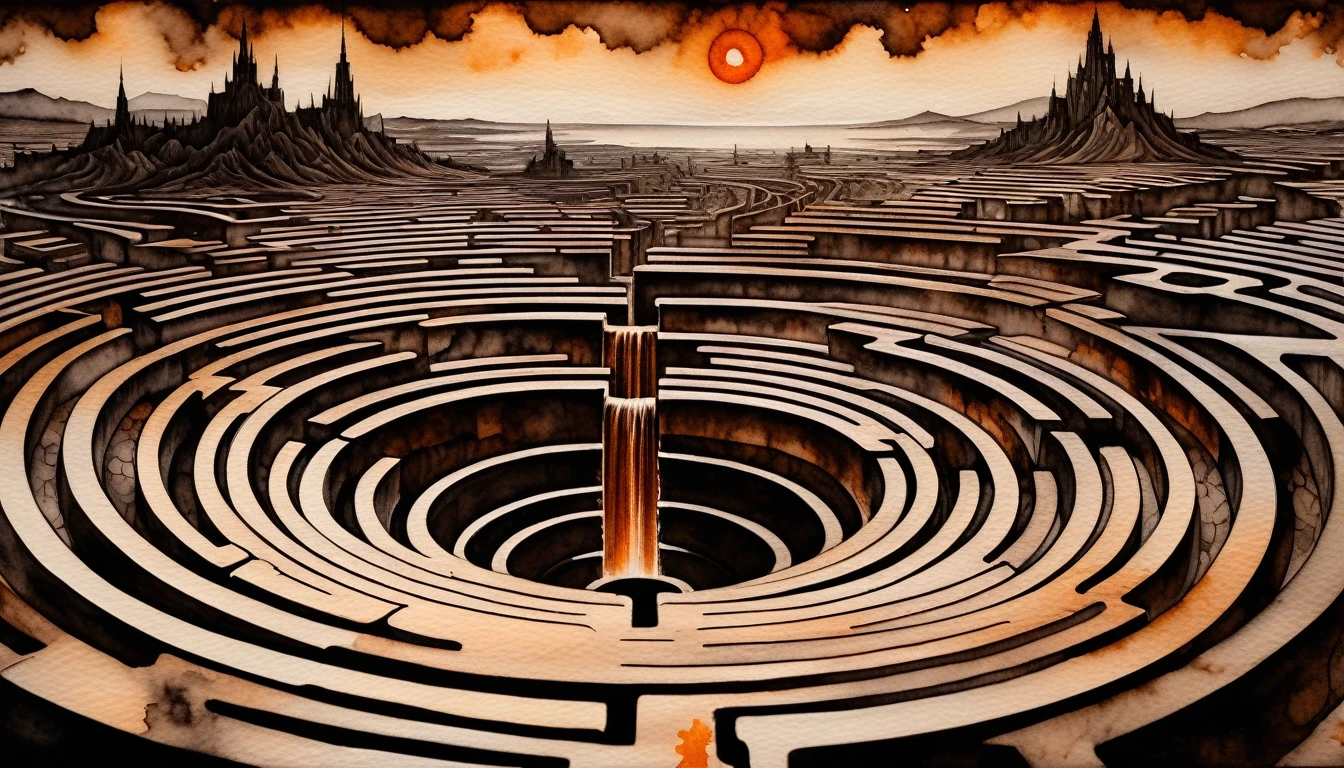Hyper-labyrinth of hell to the horizon, black crimson sepia ((style Vergvoktre)), dark noir, ((juice watercolor painting)), extreme detail, intricate, unusual, ((Best quality)), ((masterpiece)), ((realistic)), (perfect), 8k
