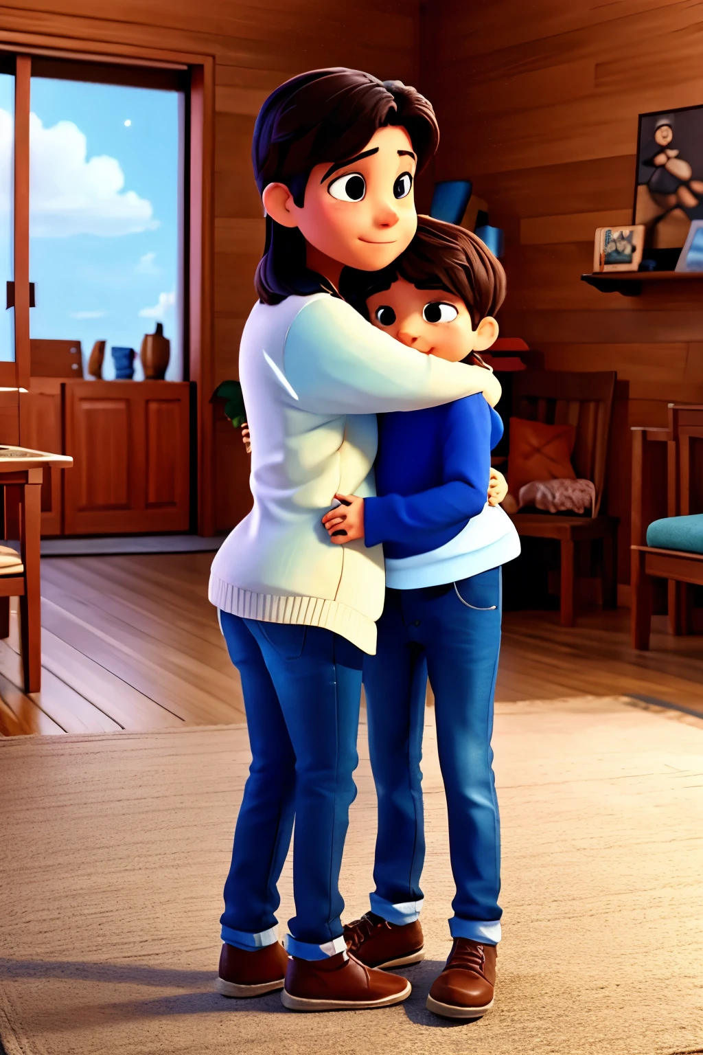 EMOTIONAL HUG BETWEEN SON AND MOTHER, CARTOON, ESTILO PIXAR
