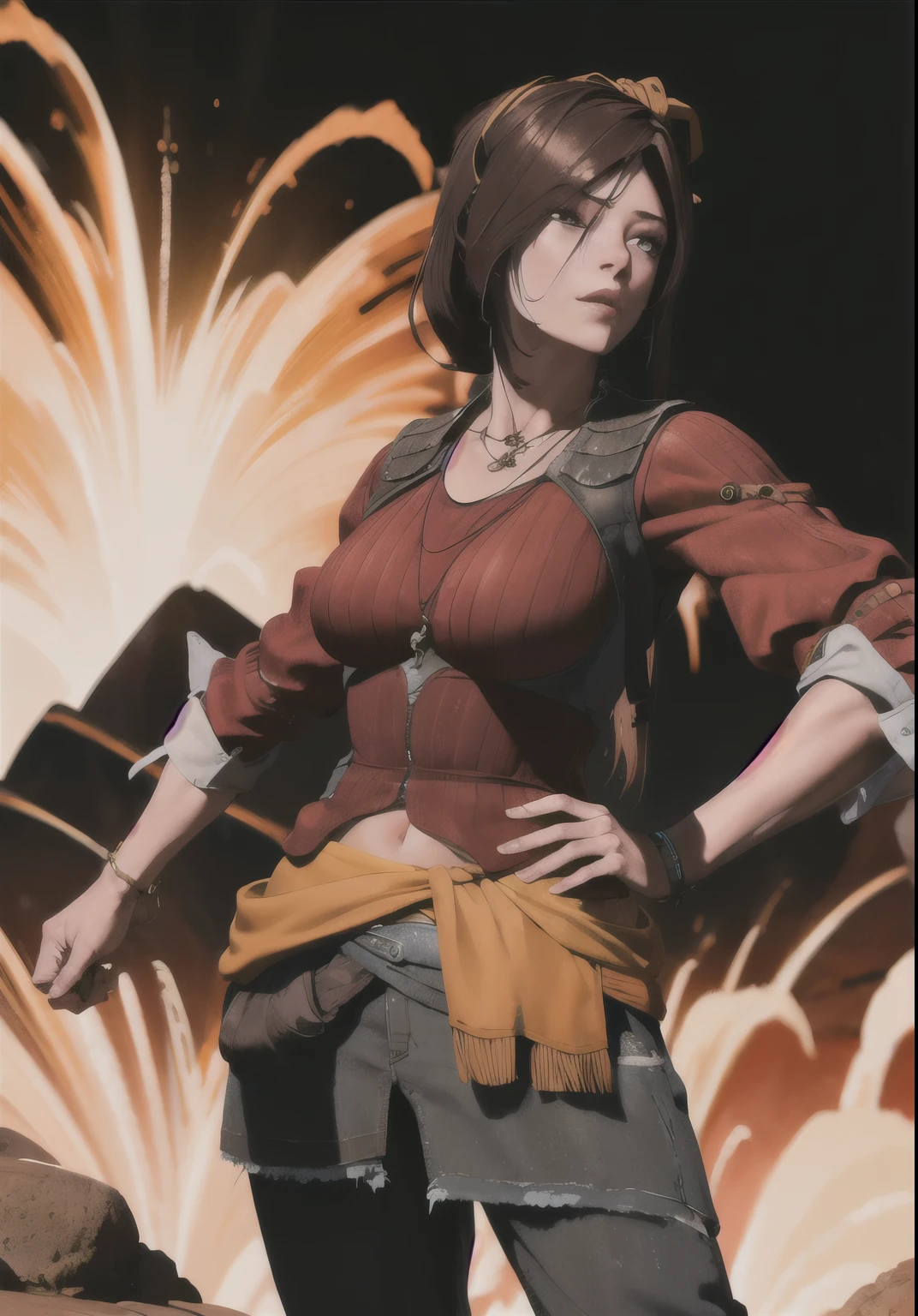 4k, melhor qualidade, ultra high resolution, Obra de arte, Lia, female, Sozinho, female focus, tiro de vaqueiro, cabelo curto, joia, hair elastic, inferno, Volcano, long pants