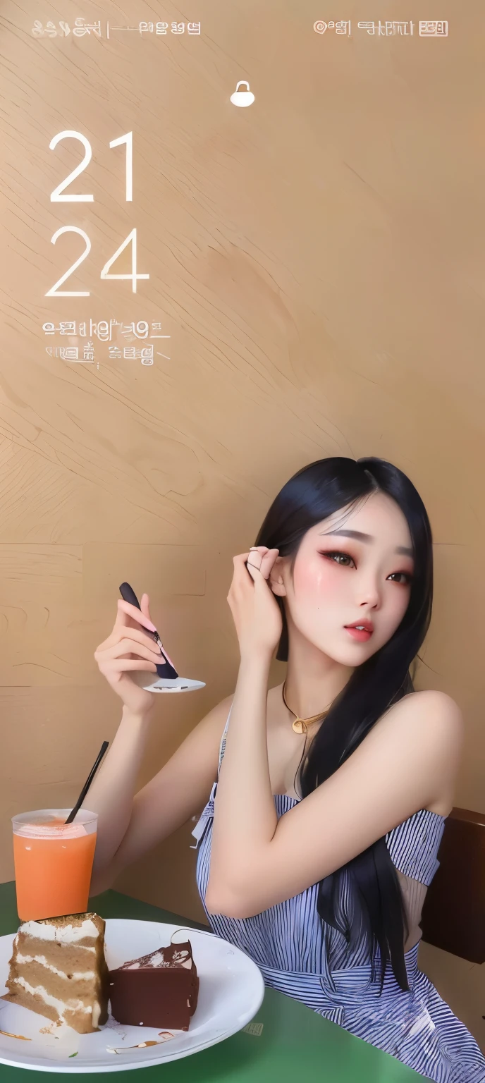 There is a woman sitting at the table,Holding a plate of cake in hand, Popular Korean makeup, Korean popular makeup, yanjun chengt, sha xi, gongbi, Popular on cgstation, Bae Suzy, Home, Ulzan, cute korean face, inspired by Yanjun Cheng, Leiluwei5213, xintong chen, 8K))