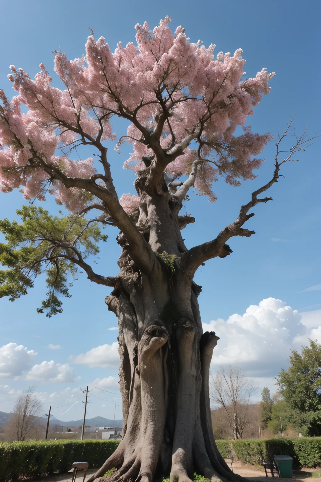 Photo of an old, gnarled tree with a new flower sprouting from one of its branches