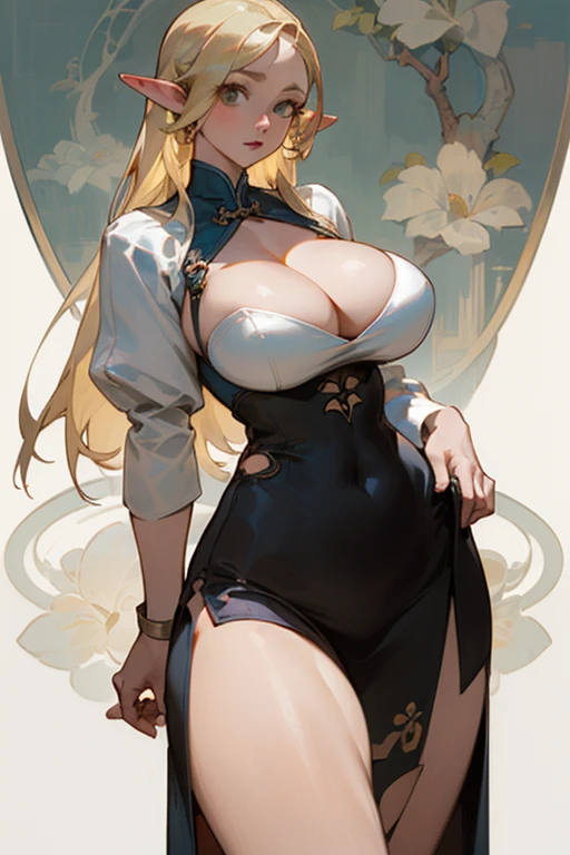 (masterpiece, best quality) detailed, Wearing a short black skirt, silver accessories ,  Blonde ,elegant, Pointed ears ，Chinese element pattern，thigh，漏出thigh，White long skirt，The clothes were torn，personal，Alphonse Mucha，Large Breasts(((Large Breasts、Low-cut，Cleavage, Wide hips,)))((Long legs)),Hourglass figure))