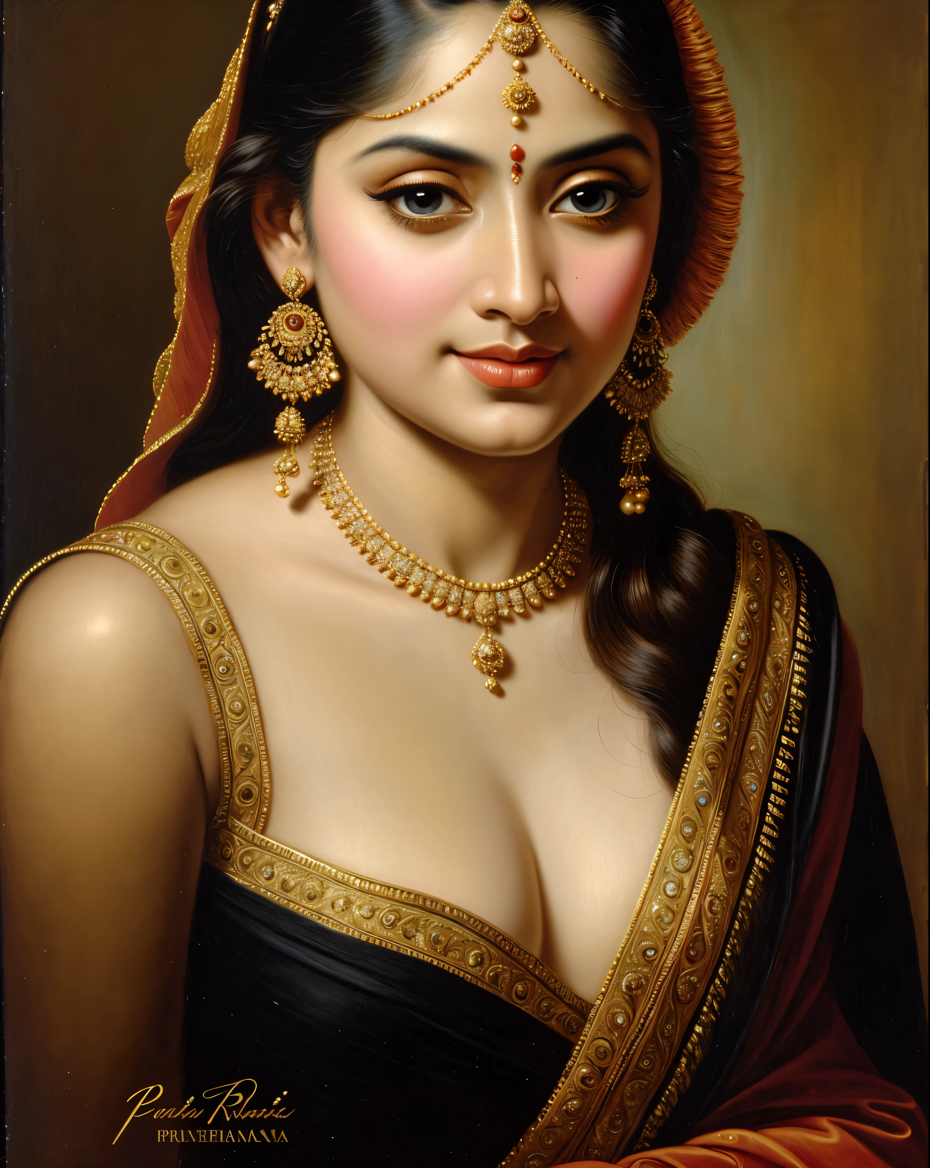 Beautiful Indian Woman, wearing saree, sari Beauty, gorgeous, Apsara, Maharani, royal queen woman, nymph from Hindu Mythology, Urvashi, matchless beauty, Highly detailed, Oil Painting by Peter Paul Rubens inspired by Raja Ravi Varma, Matchless beauty, captivating, gorgeous, heavenly beauty, celestial beauty, by Peter Paul Rubens, 13, realistic, hyper realistic, micro details, incredible artwork, insane details, ultra High resolution, 8k, 32k, acrylic on canvas, intricate, flawless, detailed, detailed face, detailed eyes, masterpiece, by Peter Paul Rubens, by Caravaggio, by William Adolphe bouguereau, perfect face, perfect body, beautiful art, realism, baroque, renaissance Art, highly textured, beautiful and detailed eyes, uhd, best quality,