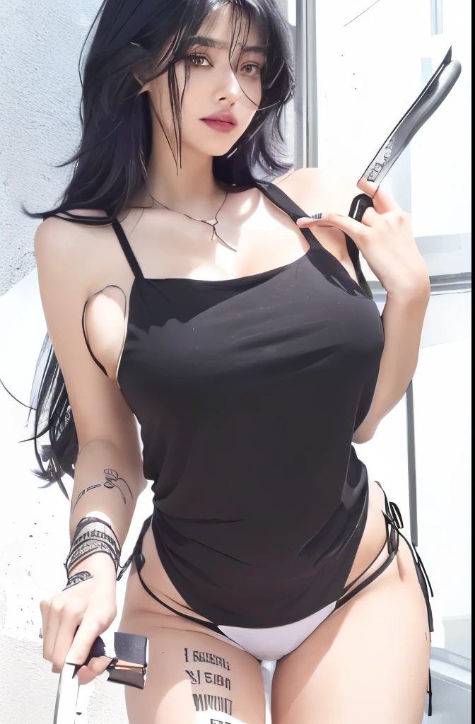 a close up of a person in a black top and a knife, noire, violet and black, raven black, blackhair, black body, raven black hair, black quick, black girl, black sokkel, black oil, (sfw) safe for work, panel of black, thick black lineart, noire moody scene, black in