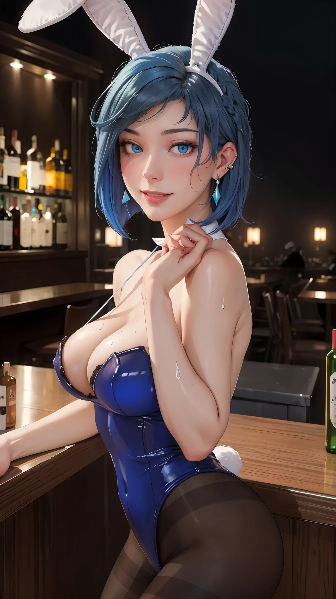 ((((masterpiece, best quality, high resolution)))), Extremely detailed 8K, Beautiful girl with voluptuous body, (Ultra HD, Ultra-detailed, Highly detailed, Highly realistic, Ultra-realistic, photograph realistic), (1girl:1.5), (Realistic blue hair), (short wavy hair, earrings), (dynamic poses), facing at camera, looking at viewer, (blushing red, embarrassed, smile), (blue eyes, sharp eyes), (big perky breasts:1.2), (beautiful detailed face, beautiful detailed eyes), ((black Playboy bunny, pantyhose, fake rabbit ears)), (standing up), sweat, glow, (night time), ((cowboy shot)), jazz bar, seductive