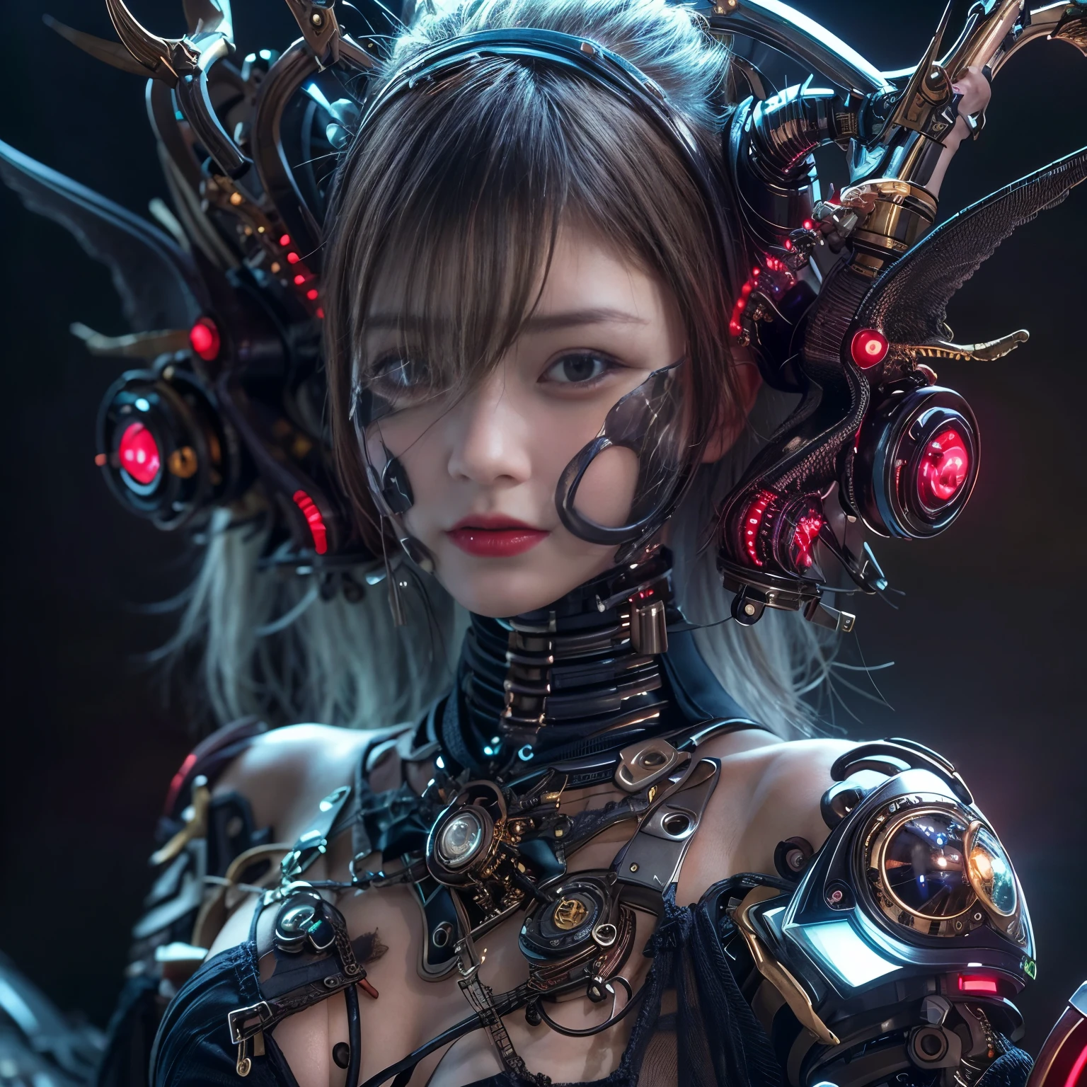 (top-quality:1.2, masterpiece)、ultra high resolution、extremely ultra surrealism, (Photorealsitic:1.4)、Raw photo、(Steampunk Battle Cyborg fallen angel)、mechanical large bat wings、black porcelain body、red hair、glowy skin、1 Cyborg girl、(mechanical frame:1.3)japanese, extremely cute face, ((super realistic details))、portrait、globalillumination、Shadow、octan render、8K、ultrasharp、character edge light、Details of complex ornaments、Acrylic Clear Cover、Sumerian details、Hydraulic cylinder、Small LED lamp、highly intricate detail、Realistic light、a purple eye、radiant eyes、Facing the camera、neon details、(full body shot, wide shot)、About Cyberpunk