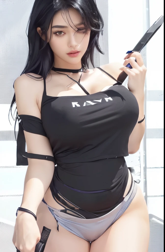 a close up of a person in a black top and a knife, noire, violet and black, raven black, blackhair, black body, raven black hair, black quick, black girl, black sokkel, black oil, (sfw) safe for work, panel of black, thick black lineart, noire moody scene, black in