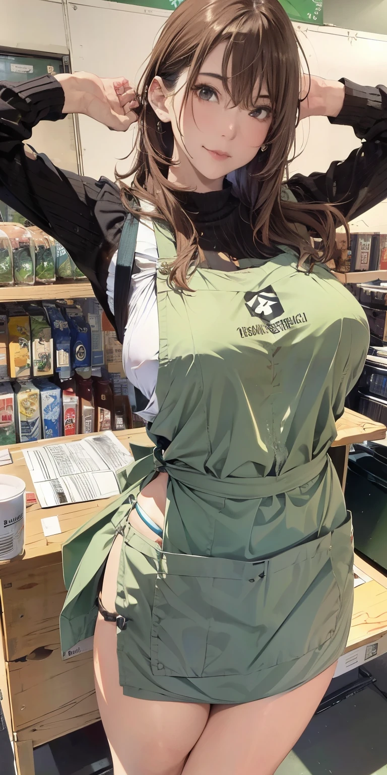 Absurd resolution, A high resolution, (masterpiece:1.4), ((gigantic braests:1.6)), ultra - detailed, 1girll, brown color eyes, cabelos preto e longos,Wear a apron, the convenience store,