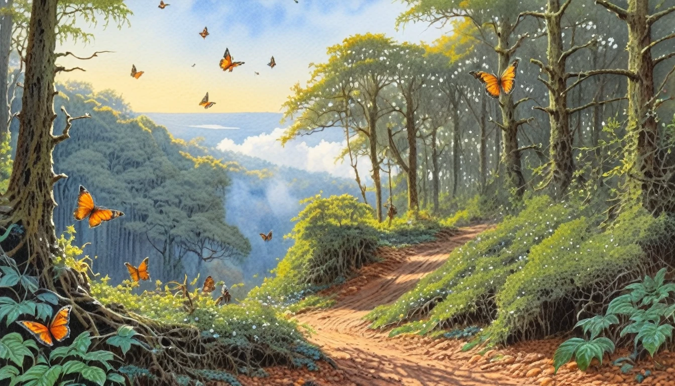 Butterflies Over Mirkwood ((style Ted-Nasmith)), amazing fantasy, ((juice watercolor painting)), extreme detail, intricate, unusual, ((Best quality)), ((masterpiece)), ((realistic)), (perfect), 8k