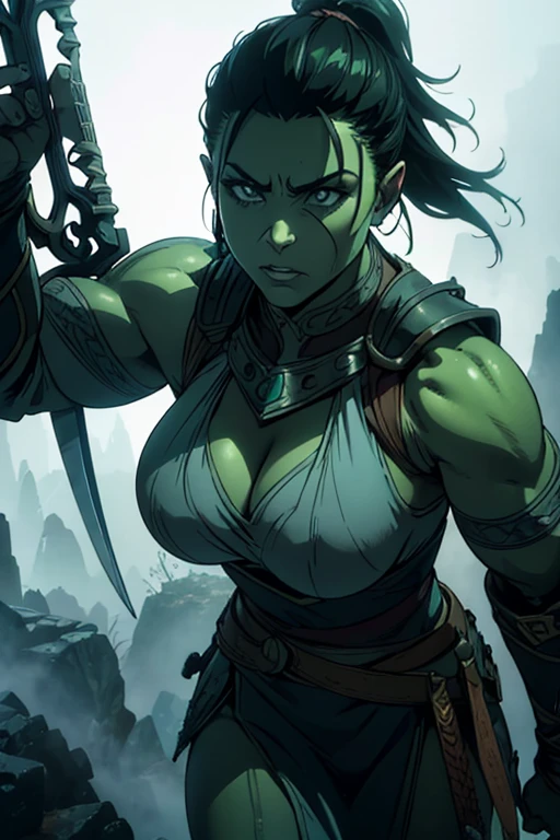a muscular female orc with green skin, detailed warrior, intricate armor, glowing eyes, detailed facial features, fierce expression, holding a large weapon, dramatic lighting, fantasy landscape, mist, detailed foliage, cinematic composition, (best quality,4k,8k,highres,masterpiece:1.2),ultra-detailed,(realistic,photorealistic,photo-realistic:1.37),cinematic lighting,dramatic shadows,volumetric fog,mystical atmosphere