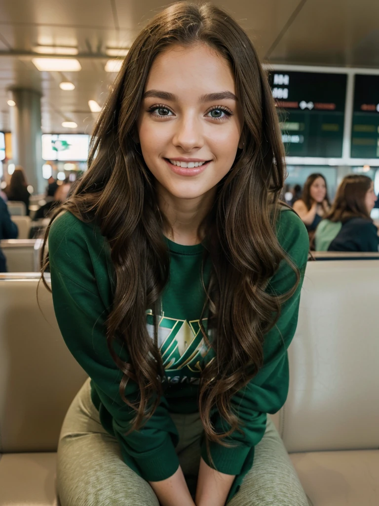 Gorgeous young woman waiting for the plane at the airport,long brown curly hair,green eyes,natural makeup, she wearing a sweatshirt with a leggings,joyfully smiling, enjoying,masterpiece,face realistic,8k,perfect eyes,FujiFilm xt3,Gold hour,85mm,best quality,high resolution