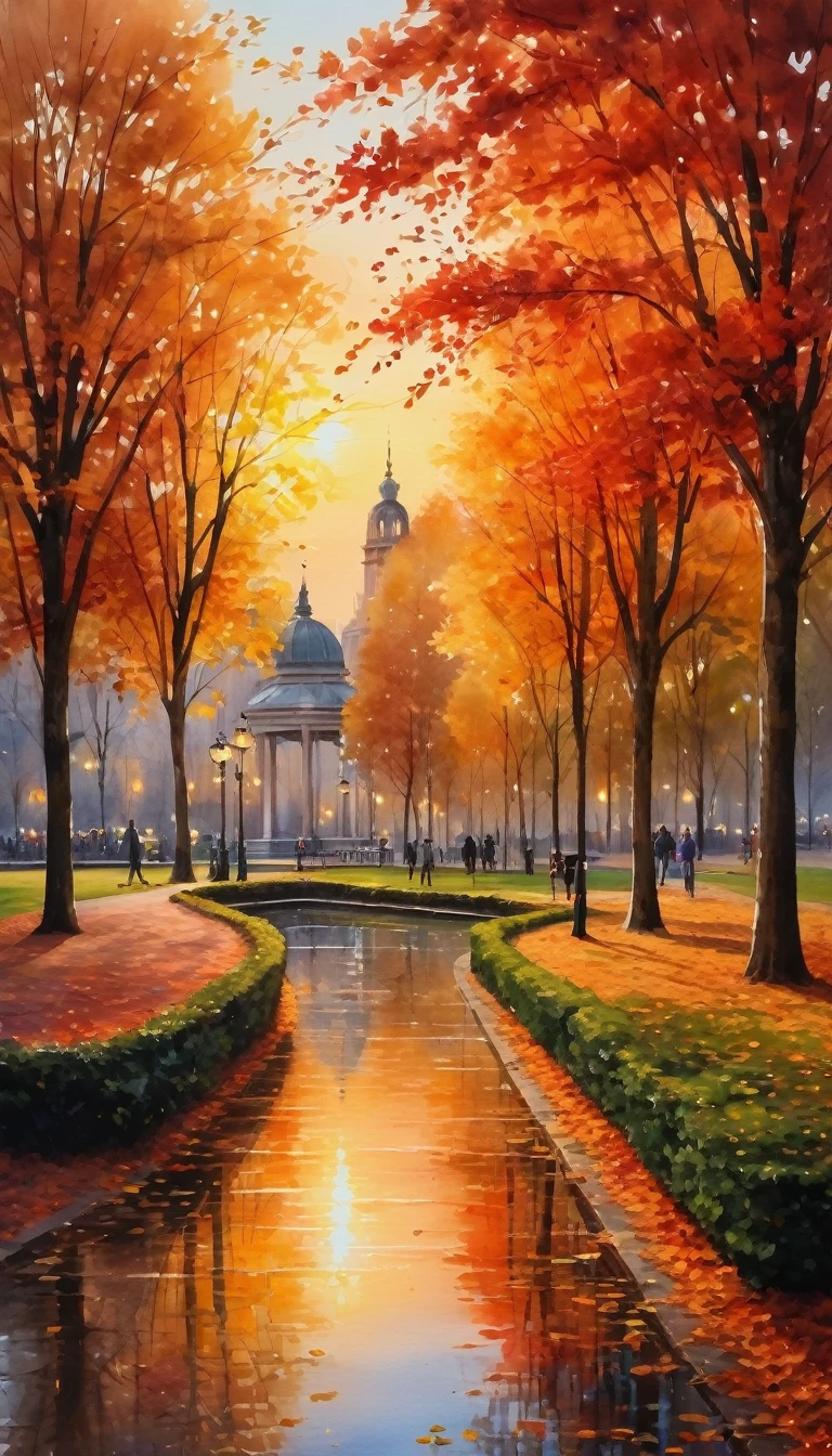 a colorful watercolor landscape, autumn in the city park, vibrant fall foliage, people strolling through the park, beautiful sunset sky, warm lighting, detailed architecture, intricate details, (best quality,4k,8k,highres,masterpiece:1.2),ultra-detailed,(realistic,photorealistic,photo-realistic:1.37),highly detailed, vivid colors, soft brushstrokes, impressionist style, natural atmosphere, moody lighting
