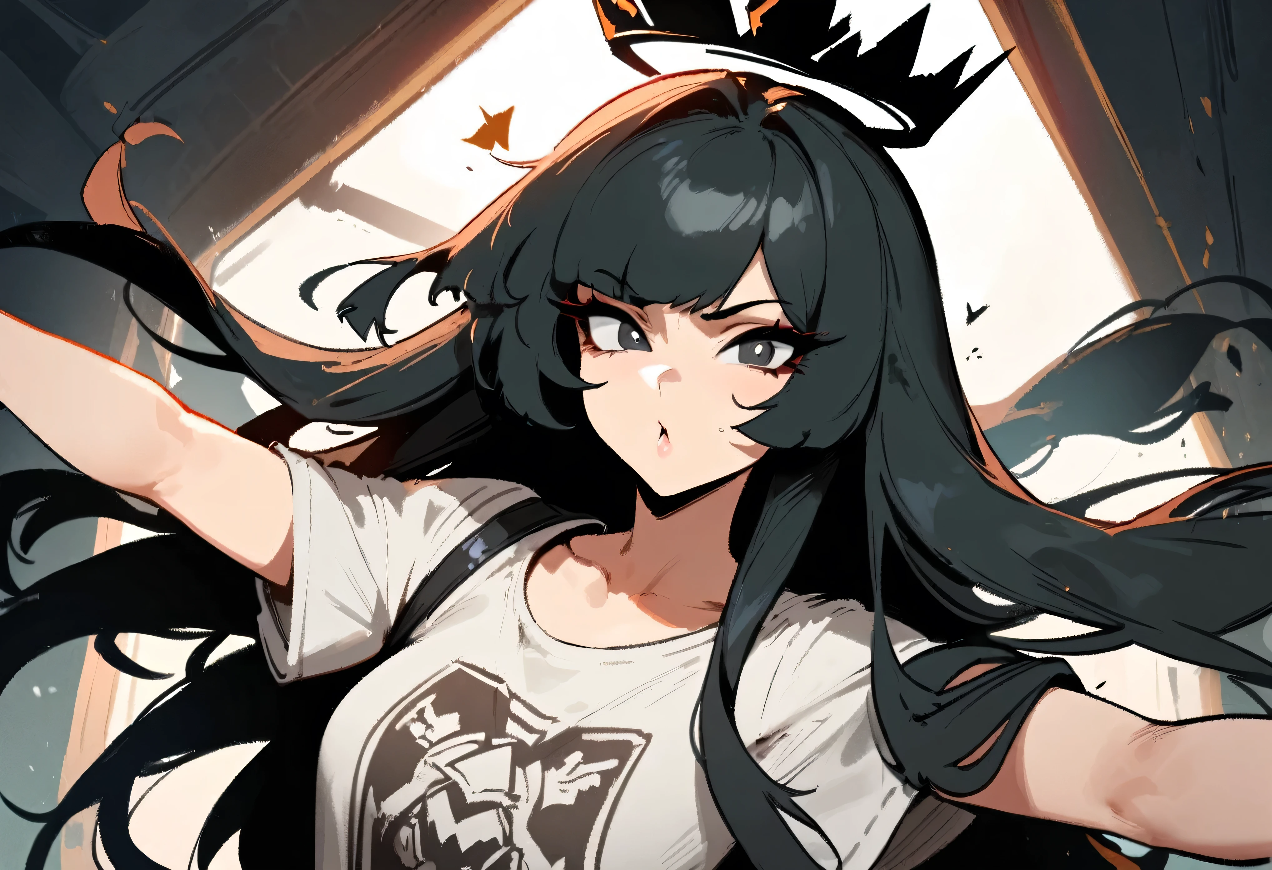 1girl,virtuosa \(arknights\) \\\\\ masterpiece, best quality, newest, , ///// by nyantcha, cutesexyrobutts, by khyle \\\\\ ,,,,,,,,solo,, , , ,, ,looking at viewer, ,,in the centre of shot, black hair, black eyes, bad girl, sadistic, arrogant, 18 years old girl,flying crown, original outfit, skirt,t-shirt, portrait,splash art