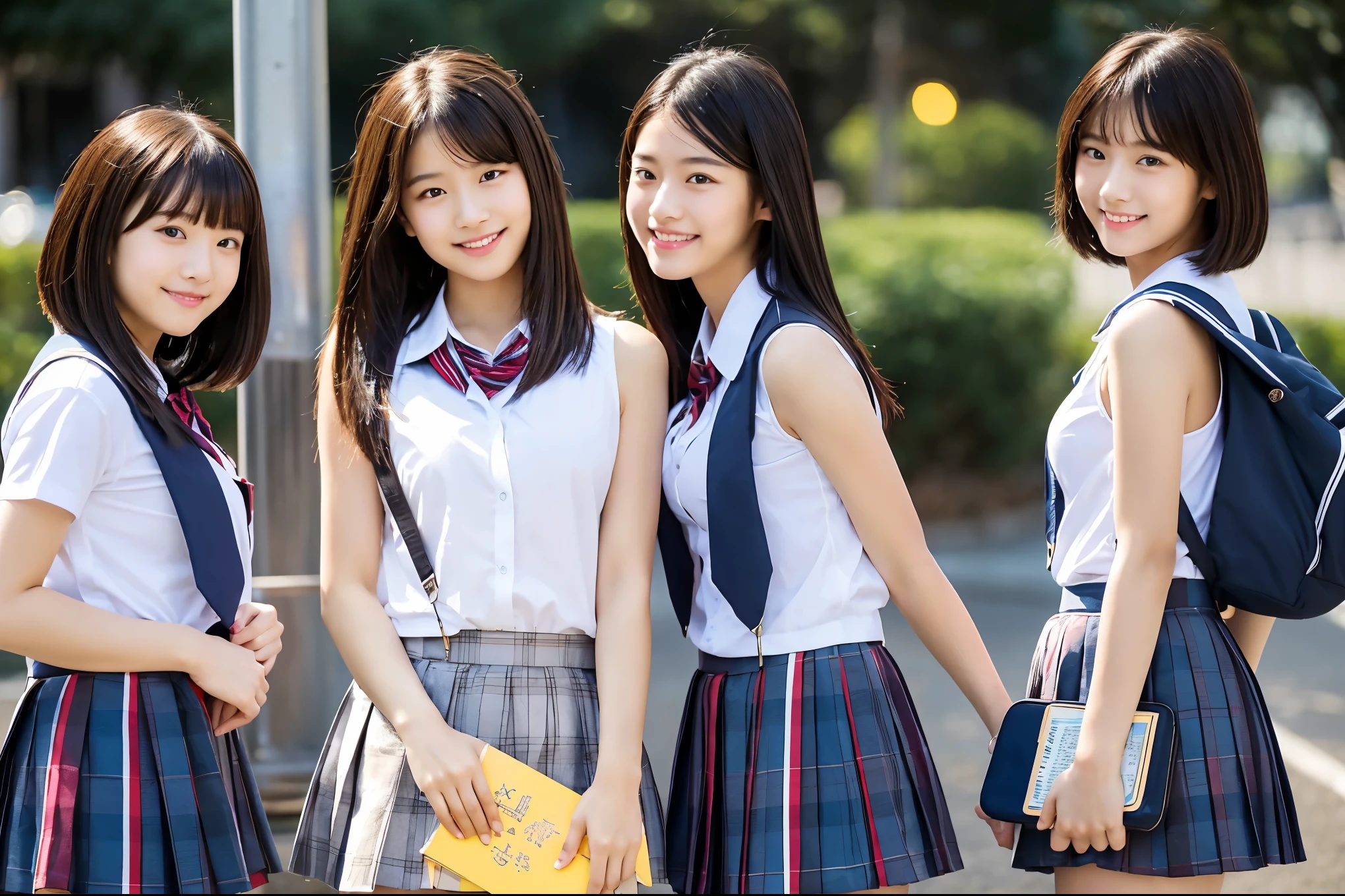 Sexual Sleeveless Uniform Very detailed Amazingly high quality Very high quality smile photograph Three Japanese Girls Each girl has a different hairstyle randomly Fair skin ((Half-open lips:1.3)) Beautiful and soft skin ((Beautifully styled straight short hair)) Beautiful and perfect body Surprisingly very cute Beautiful young man with clear skin々New Skins 16 years oldool girl wearing a thin camisole:1.3 ) Big Breasts whole body Everyday City Bustling city ((night)) audience'perspective Front view (Big Breasts:1.3) (Cleavage) (Amazingly cute girl:1.3) (whole bodyポートレート)