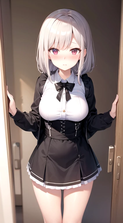 {Best Quality}, {ultra-detailliert}, {very detailed illustration}, silber hair, Aimei, embarrassed from,breastsout,Suspender Skirt,red blush,Black tie,Be undress,suspenders、skirt by the、Casual clothing,Maids