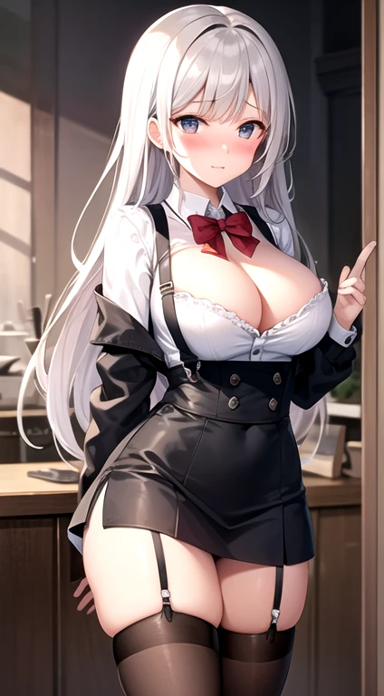 {Best Quality}, {ultra-detailliert}, {very detailed illustration}, silber hair, Aimei, embarrassed from,breastsout,Suspender Skirt,red blush,Black tie,Be undress,suspenders、skirt by the、Casual clothing,Maids