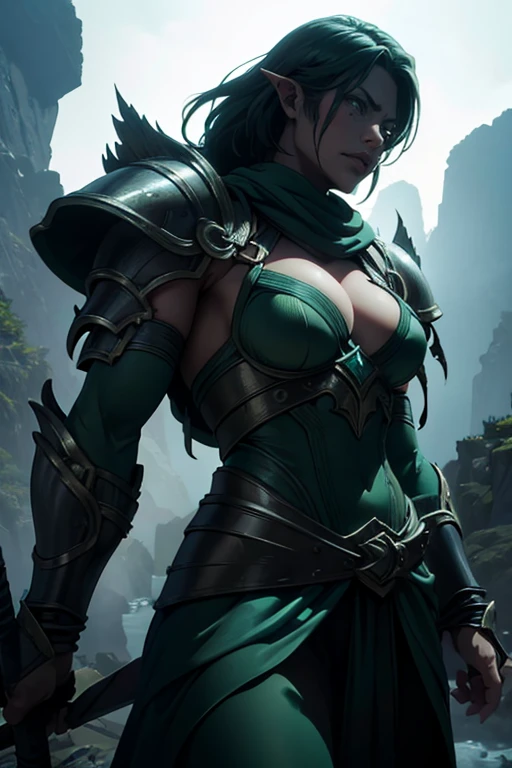 a muscular female orc with green skin, detailed warrior, intricate armor, glowing eyes, detailed facial features, fierce expression, holding a large weapon, dramatic lighting, fantasy landscape, mist, detailed foliage, cinematic composition, (best quality,4k,8k,highres,masterpiece:1.2),ultra-detailed,(realistic,photorealistic,photo-realistic:1.37),cinematic lighting,dramatic shadows,volumetric fog,mystical atmosphere
