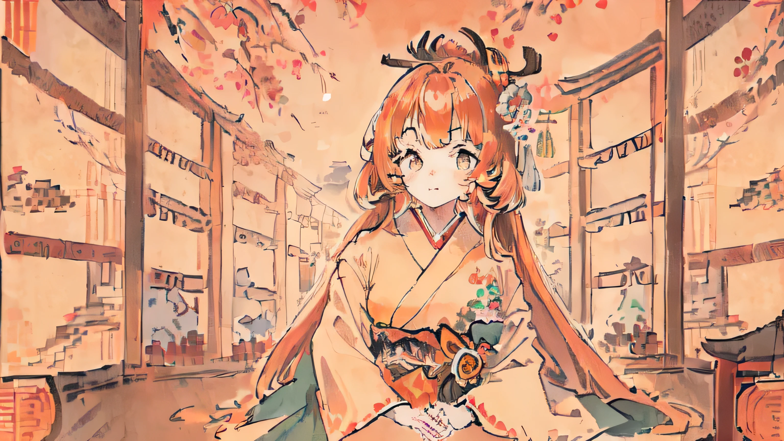 (((masterpiece,highest quality,pixel,Pixel Art))),One beautiful girl,Orange Hair,Long Hair,(Japanese style:1.4),princess,(Healing)