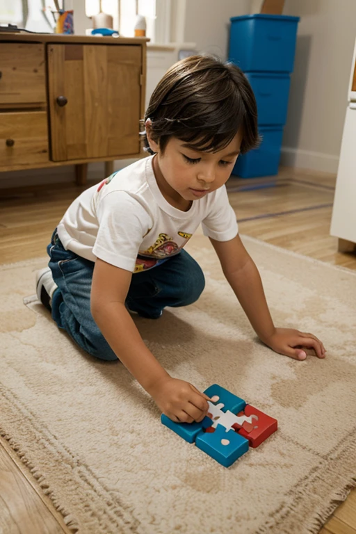 I want a picture of a 6 year old boy playing with a puzzle on the floor.