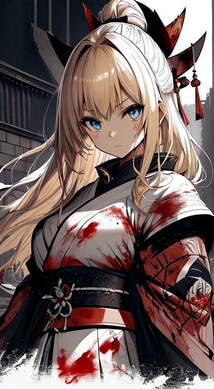 top-quality、Top image quality、​masterpiece、girl with((cute little、18year old、Best Bust、Medium bust、Bust 85,Beautiful blue eyes、Breasts wide open,Blonde long hair、A slender、Black Samurai Costume、Murderous face,Holding a Japan sword with both hands、Fluttering hair、black and white color scheme、fighting poses、Blood returned to the sword、systemic return blood、A short distance away)）hiquality、Beautiful Art、Background with((Black and white world、New York City、Blood splatters on the screen、Mass samurai)),masutepiece、Elaborate design、visualart、depth of fields、The best lighting、highestdetailed、8ｋ,、Art of Kurosawa World