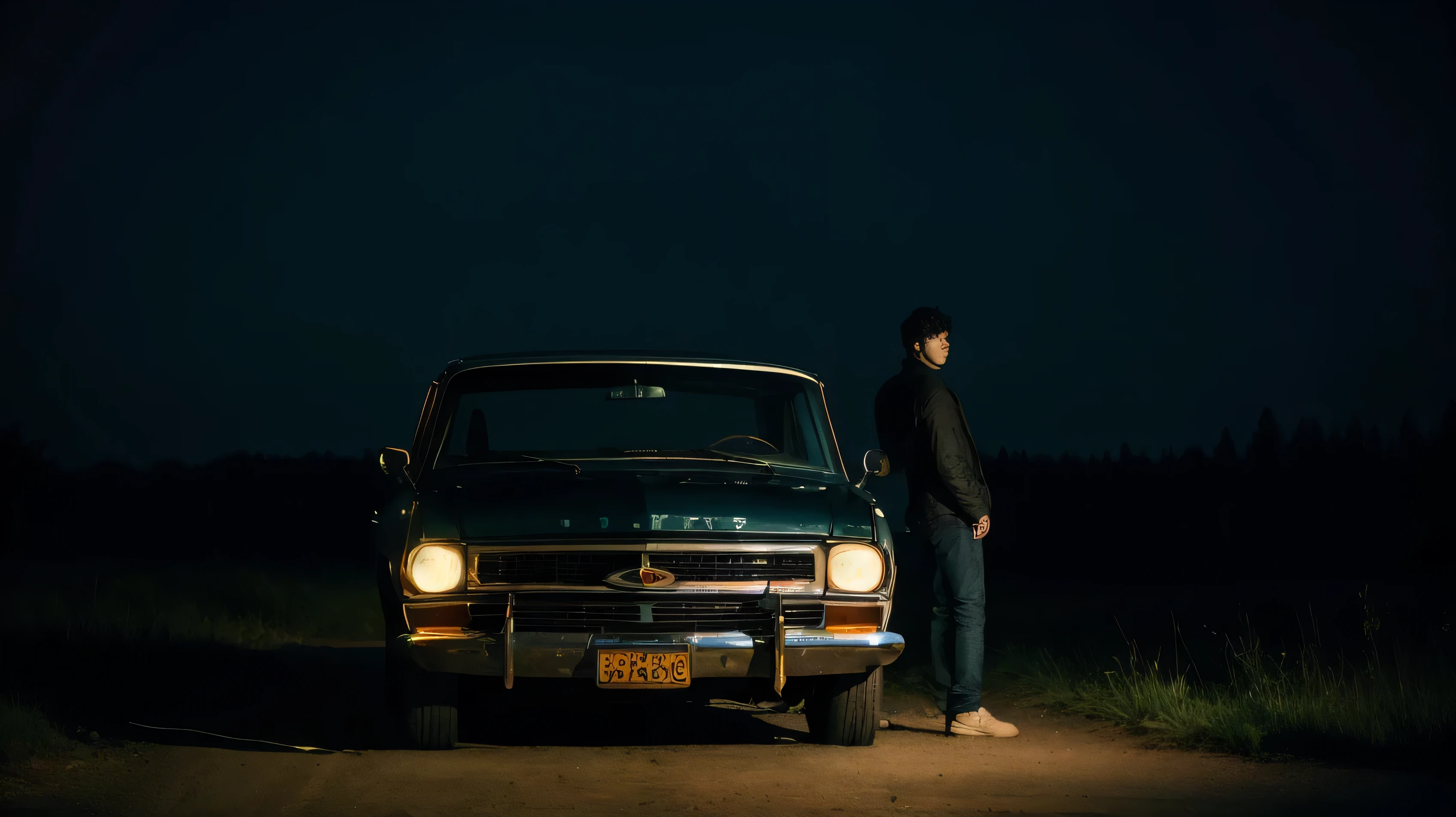 young man standing in front of an old pick-up truck in the middle of the night. He looked tense, with alert eyes and hands clasped tightly around the steering wheel. His hair was a little messy, like he had just woken up from sleep. His facial expression reflected deep anxiety and tension, as if he had gone through a terrifying experience. Behind him, a dark night forest stretched out, with shadows cast over the distant trees. The moonlight shone gently in the sky, highlighting the top of the truck and the man's upper body, creating a mysterious and tense atmosphere. Even though the man looked lonely amidst the darkness, there was courage implicit in his upright posture and sharp gaze. Despite the uncertainty surrounding him, he is ready to face whatever may challenge him on this dark and frightening night.
