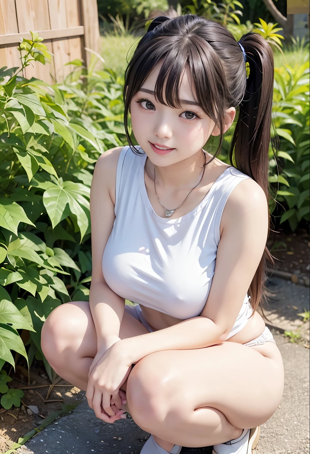 (highest quality,masterpiece:1.3,Ultra-high resolution),(Very detailed、Caustics) (Realistic:1.4, RAW shooting、)Ultra-Realistic Capture、Very detailed、Natural skin texture、masterpiece、(A Japanese woman wearing a T-shirt with a childish design:1.3)、Adorable expression、Expressions of happiness、、Height: 160cm、Young Face、Amazingly cute、Twin tail hairstyle、Straight hair、Scrunchie、necklace、Black Hair、light makeup、G-cup big breasts、Bare arms、Shining thighs、Shining ass、Photo shoot in a private garden、squat、Background in detail、Satin fabric panties are visible、smile、An inviting gaze、Anatomically correct、Cowboy Shot、Attention to detail、Pose that emphasizes the legs、