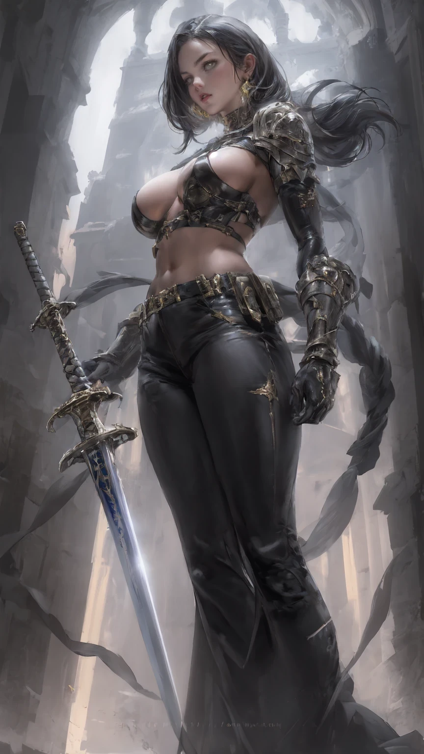 1girl, weapon, sword, jewelry, earrings, black_hair, breasts, solo, gloves, holding_weapon, holding_sword, medium_breasts