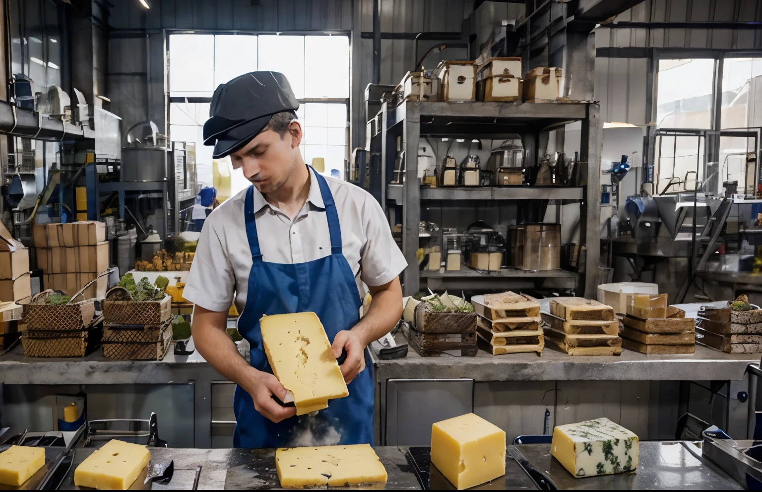 a cheese factory with worker hiding some ingredient added to the chesse
