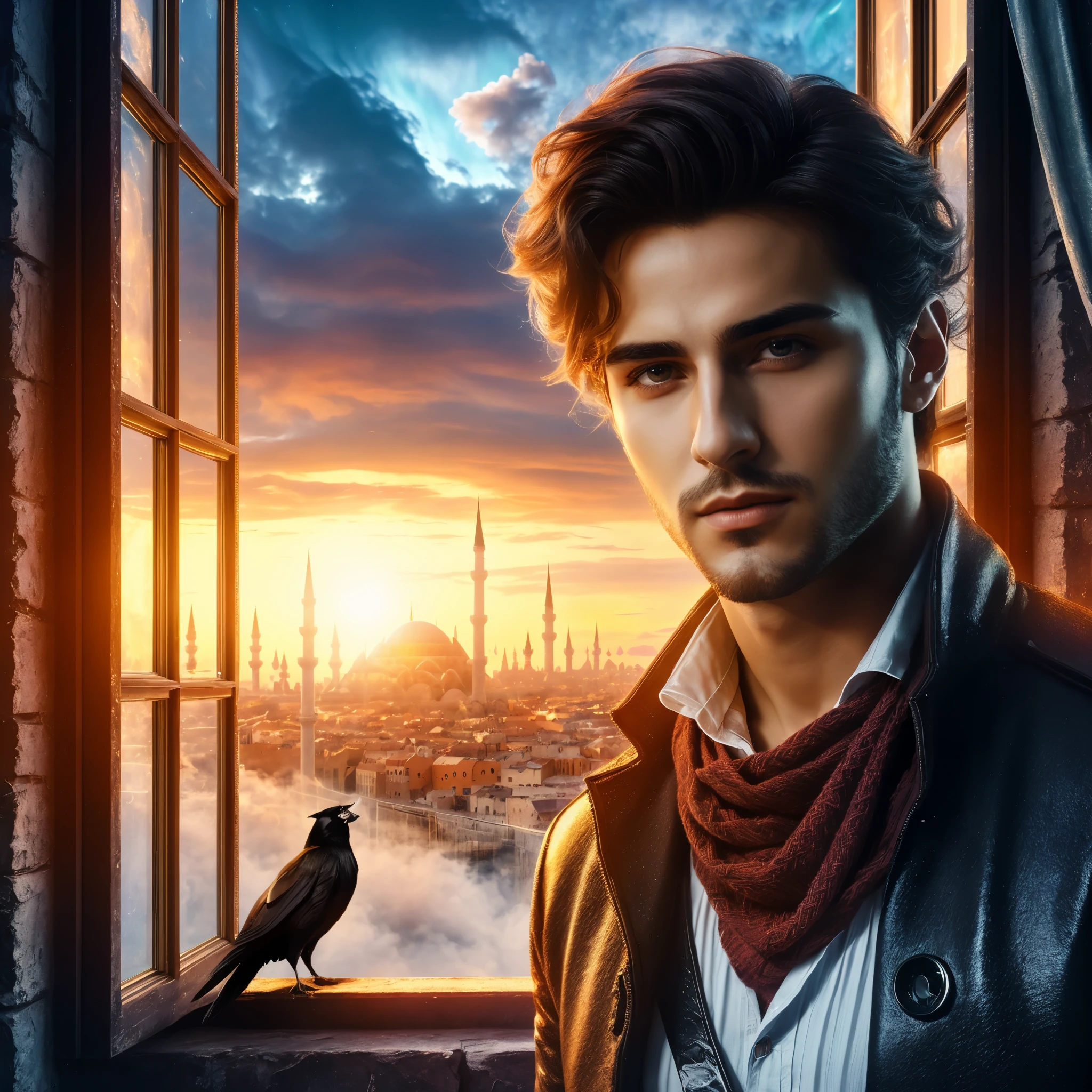 digital art, surrealism, masterpiece, full body photography of handsome man Turkish model, confident, charming body, slight smile, natural makeup, wear modern assasin attire, like as cosplayer, attractive pose, emerging from windows building, background a sky aurora borealis, CGI effect, dramatic lighting, vibrant colors, high definition