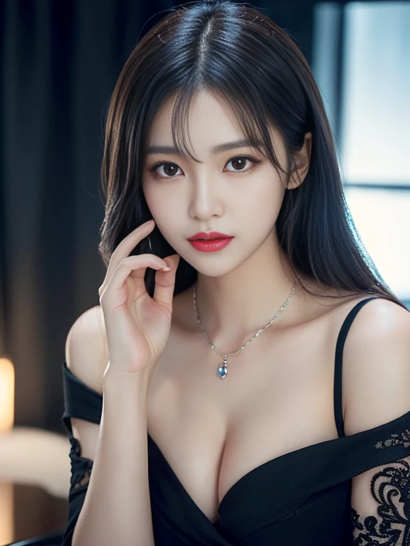 Miho, 1 girl, detailed face, a woman with long black hair and a off shoulder revealing breasts and body wrap(((Nsfw))), budget motel scene, (night light), led lighting, magnificent light, close up, portrait, upperbody, RAW, (intricate details:1.3), (best quality:1.3), (masterpiece:1.3), (hyper realistic:1.3), best quality, 1 girl, ultra-detailed, ultra high resolution, very detailed mphysically based rendering, dynamic angle, dynamic pose, wind, 8K UHD, Vivid picture, High definition, intricate details, detailed texture, finely detailed, high detail, extremely detailed cg, High quality shadow, a realistic representation of the face, beautiful detailed, (high detailed skin, skin details), slim waist, beautiful and realistic and detailed hands and fingers:1, best ratio four finger and one thumb, (detailed face, detailed eyes, beautiful face), ((korean beauty, kpop idol, ulzzang, korean celebrity, korean cute, korean actress, korean, a beautiful 18 years old beautiful korean girl)), (high detailed skin, skin details), Detailed beautiful delicate face, Detailed beautiful delicate eyes, a face of perfect proportion, (beautiful and realistic and detailed hands and fingers:1.3), (Big breasts:1.3), (full body shot:1.3), (long legs:1.3), (sparkling eyes:1.3), (sparkling lips:1.3), taken by Canon EOS, SIGMA Art Lens 35mm F1.4, ISO 200 Shutter Speed 2000, Vivid ((korean beauty, kpop idol, ulzzang, korean celebrity, korean cute, korean actress, korean, insta goddess:1.3, a beautiful 18 years old beautiful korean girl)), (blue eye), (black long hair),chanel_jewelry, chanel_bag, vancleef_necklace,Nice legs and hot body, see-through,hourglass bodyshape. The Old man kiss girl.