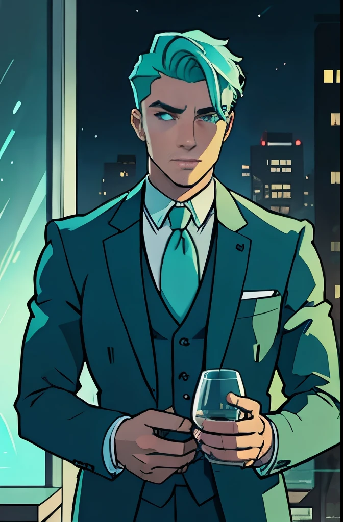 hair and eyes color : ocean light green , Beautiful man with an perfect body, personality : confident leader , clothes : classy clothes, scenary: office at night, in front. to a glass window with buildings in the background