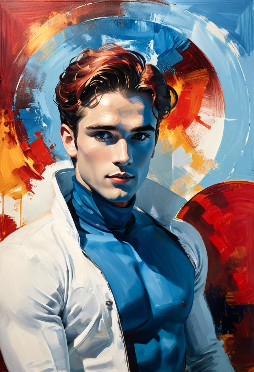 chiaroscuro technique on sensual illustration of an arafed man in white underwear, sexy masculine, diego fazio, male model, by Ludovit Fulla, model with attractive body, inspired by Ludovit Fulla, mid-shot of a hunky, the model draped in flowing, thick oil painting by Harumi Hironaka, extremely soft colors, vibrant, highly detailed, malcolm liepke painting, oil on canvas, high contrast, dramatic, refined, tonal, Create high contrast between light and shadow fire around, there is a red circle on a blue and red square, inspired by Bauhaus, in a shapes background, brown red blue, circle forms, red blue, by Leon Polk Smith, memphis abstract minimal art, graphic shapes, minimal art, blue and red, minimal art style, bauhaus art, inspired by El Lissitzky, bold simple shapes