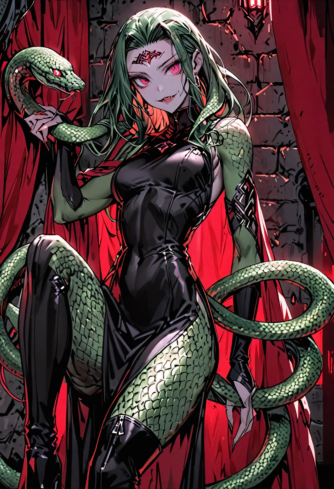 solo, female, medium shot, sfw, seven feet tall, imposing, deep emerald skin, smooth skin, flawless skin, scales, snake hair:1.4, medusa, deep crimson eyes, mischievous, intelligent, full lips, small smile, sharp fangs, fearsome, lean, toned, graceful, tight-fitting clothes, short black dress, clingy dress, high-heeled boots, dungeon, seductive, warm, red curtains