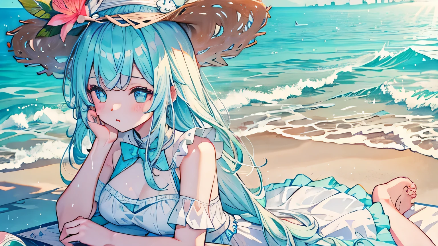 summer, beach, hot, Morning Glow, beautiful, high resolution, One Girl, A dress made from white seafoam、Swim ring、Relaxing at the sea